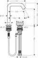 Hansgrohe Waschtischmischer mit zwei Anschlüssen und Ablaufgarnitur. Design mit gebogenem Auslauf, sichtbaren Maßen und Verbindungselementen für die Montage.